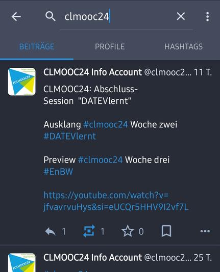 Ergebnis Liste der App Tusky zu der Zeichenfolge clmooc24 und ausgewählt Beiträge anzeigen 

Es erscheint Tröts vom clmooc24 Account und blau die # Hashtags sichtbar