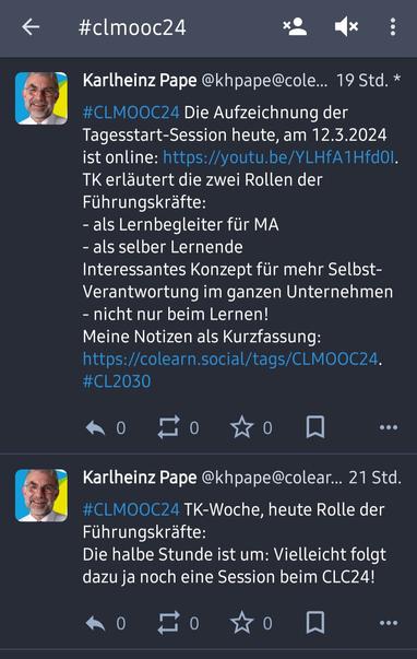 Ergebnis Liste aus der Tusky App mit der Zeichenfolge #clmooc24 

Es erscheint Beiträge von khpappe@coleaern