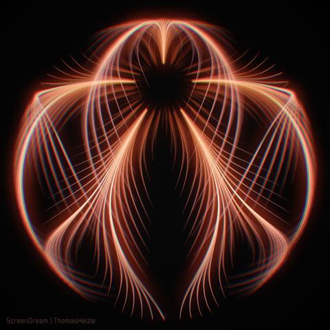 An organic structure of lines enclosing a spherical volume in a featherlike manner.
Colours are white-orange-red.
At the same time warm but also somehow aggressive.
