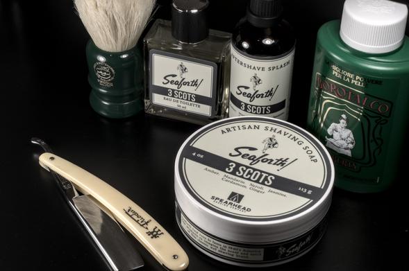 A set of Seaforth! 3 Scots soap, splash, and frag with a chonky Moar Boar brush, a bottle of Borotalco talc and a big Friodur wedge