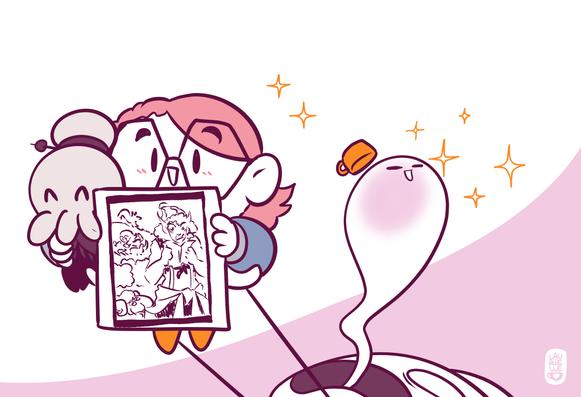 Dibujo de Laurielle desmayada sosteniendo a Gala, una chavalica redonda con el pelo rosa que sostiene más recompensas