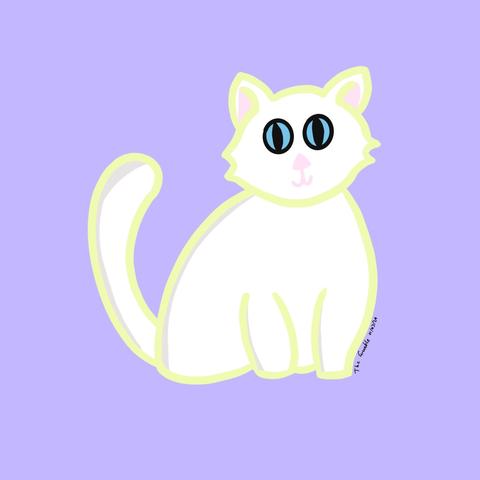 Simple digital art of a white cat with a hint of a smile and blue eyes.

The colour scheme is a soft purple with a yellow outline on the cat