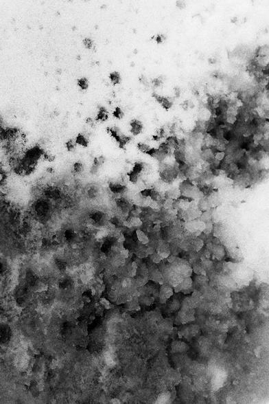 Snow has melted and reformed into ice clusters. The pattern is a mix of dog paw prints and eave water that dropped on the snow and froze over.