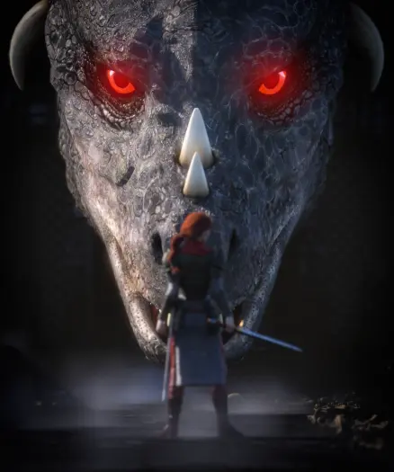 Description partially by ChatGPT: This 3D render captures a tense moment between a human warrior and a colossal dragon. The dragon’s head fills the frame, dominating the image with its textured, scale-covered skin and two large horns curving backwards. Its eyes are a piercing red, glowing ominously as they focus on the figure before it.

In contrast, standing defiantly before this beast is a lone warrior, likely female, based on her stature and build. She's seen from behind, looking to the right, garbed in armor, wielding a sword with determination. Despite her small size in comparison to the dragon, her posture is brave and confrontational.

The setting is dimly lit and moody, hinting at a dungeon or a cavernous lair with a soft light illuminating the scene from above, casting shadows that enhance the dramatic intensity of the confrontation. The warrior’s stance in the face of such a fearsome creature speaks volumes about her courage and the epic scale of the encounter.