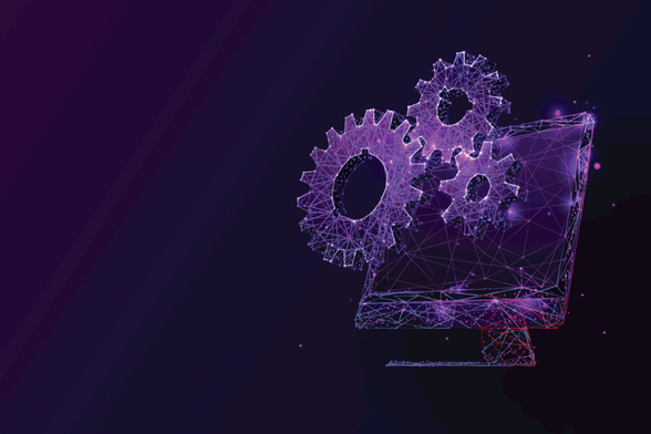 Gears emerging from an iMac
