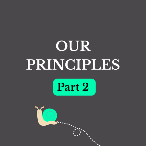 A graphic featuring white text against a grey background with green highlights. This slide reads "Our Principles part 2"and features an illustration of a small snail making its way across the bottom of the graphic.