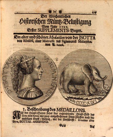 Titelseite eines Münzenfachjournals aus dem Jahr 1729 mit dem Titel "Der wöchentlichen historischen Münz-Belustigung".