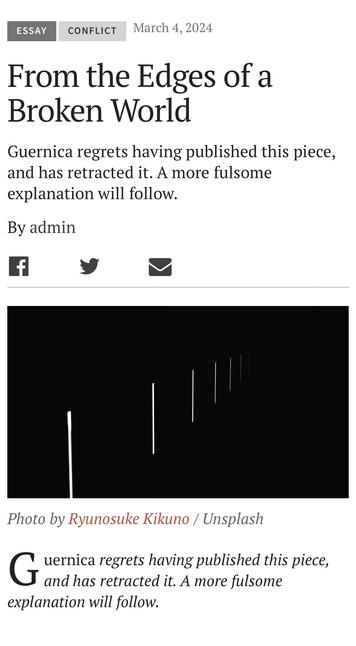 Screenshot of a webpage with a title "From the Edges of a Broken World," a retraction notice for an article, and a black image with vertical white lines of varying lengths at the bottom, credited to Ryunosuke Kikuno