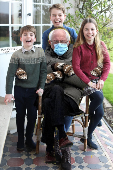 Infamously photoshopped recent Mother’s Day photo of the three young royals. Where Kate Middleton should be in the photo, however, she has been artfully replaced by the classic meme image of Bernie Sanders in mask and mittens. Close examination shows that there are FOUR mittened hands in the photo.