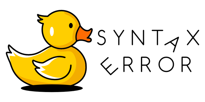 Syntax Error logo that is an illustration of a yellow rubber duck that has a distressed face. Next to the duck, text "Syntax Error" with letters A and E half fallen off from the line.