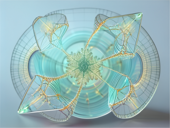 Iridescent, intricate oval glassy jellyfish-like silicon creature tinted with gold, green, and aqua   with radial striations, divided in seven roughly equal sections.