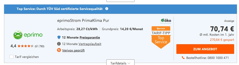 Preise aus einer Vergleichsseite mit einem deutlich günstigerem Tarif von eprimo.