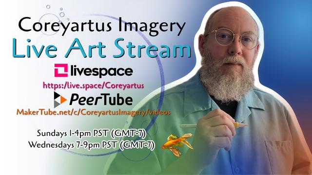 Promotional image for a livestream with a portrait of the artist and web links.