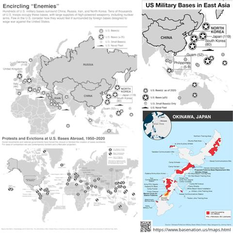 A collage of four maps available from the page (or from the "Multimedia Maps" link) linked in the post. The four maps in the collage are 'Encircling "Enemies"', 'US Military Bases in East Asia', 'Protests and Evictions at U.S. Bases Abroad, 1950-202', and 'Okinawa, Japan'. The maps show that a number of US bases seem to contain, or circle Russia, China, and Iran and that many places all over he world would prefer not become militarized and are sometimes able to evict. There are several bases close to China's border,  and much of Okinawa's land is contained within US military bases.