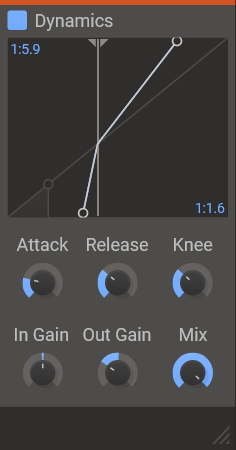 Screenshot of audio dsp plugin 'Dynamics' by Kilohearts. It's settings are configured to both upward expand at ratio of 1:1.6 above -32dB and downward gate sound below it at a ratio of 1:5.9.
