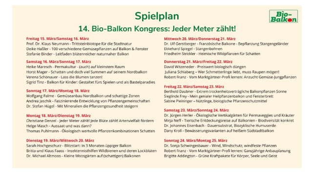Der Spielplan, welche Interviews vom 15. bis 24. März für 48 Stunden frei zugänglich sind.