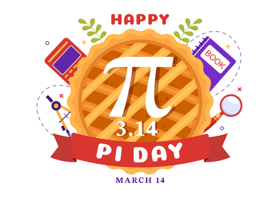 Cartoon of a lattice pie with a book, a magnifying glass, a school compass, a calculator and 2 laurel branches next to it. There's a pi symbol and 3.14 on the pie and the words Happy Pi Day March 14 on a banner above and below the pie
