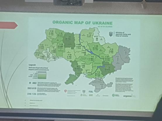 Slajd zatytułowany: Organic map of Ukraine, przedstawiający mapę Ukrainy i liczby dot. rolnictwa ekologicznego w podziale terytorialnym w Ukrainie