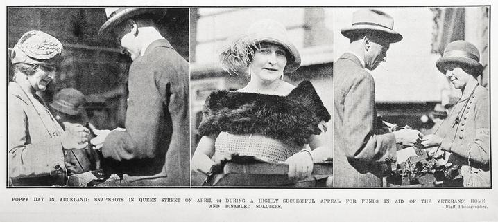 Black-and-white photo montage: Poppy Day in Auckland: Snapshots in Queen Street on April 24 [1925] During a Highly Successful Appeal for Funds in Aid of the Veterans’ Home and Disabled Soldiers. Description: Three photographs of women, all wearing hats and one wearing a fur shawl, who are selling poppies from trays on the street. In two of the photos a man, also wearing a hat, is shown buying a poppy. Citation: Auckland Weekly News, 30 April 1925, p. 47. Auckland Libraries Heritage Collections AWNS-19250430-47-06. https://kura.aucklandlibraries.govt.nz/digital/collection/photos/id/244159
