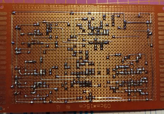 bottom view of the perfboard showing the soldering