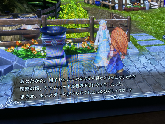 Long haired knight talks to a priestlike figure with lawn and fence in the background. The text is in japanese.