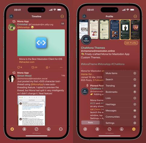 iPhone screenshot of Mona App for Mastodon custom theme called ‘Retro Hibiscus’: Featuring Dark moderate red background, light greyish text, moss green for username, hashtags and verified links, saffron light orange for the Accent.