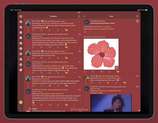 iPad screenshot of Mona App for Mastodon custom theme called ‘Retro Hibiscus’: Featuring Dark moderate red background, light greyish text, moss green for username, hashtags and verified links, saffron light orange for the Accent.