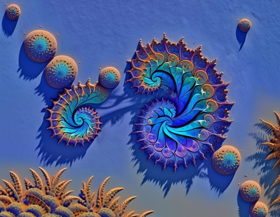 Aerial view of a vibrant alien desert mineral formations in fractal patterns, with a striking contrast of colors from deep blues to warm oranges.