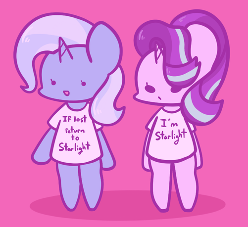 Art of Trixie and Starlight Glimmer drawn in an chibi anthro style standing next to each other. Trixie has a no thoughts face and is wearing a long white shirt that says "If lost return to Starlight" and Starlight is looking less energetic with a shirt that says "I'm Starlight".