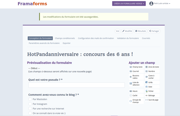 Un formulaire sur Framaforms : j'organise un concours pour les 6 ans des HotPandas, mes webcomics un peu grivois que je publie mensuellement.

A form made on Framaforms where I organize a giveaway for the 6 years of the HotPandas, my monthly webcomic where a panda makes spicy puns.