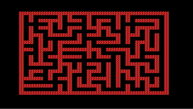A maze using TMS 9918A video mode 2 and a custom "wall" character set for the maze walls. The walls are colored red, the border and background are colored black.