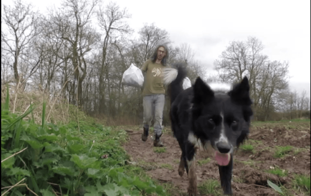 Ted helping me pick up some rubbish in the countryside.