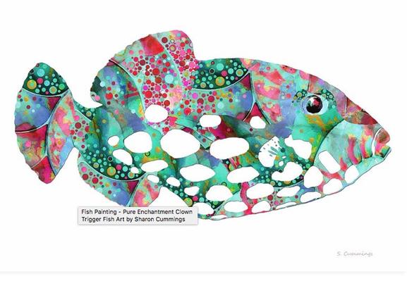 Colorful clown triggerfish art in blues, green, aqua and coral by artist Sharon Cummings.