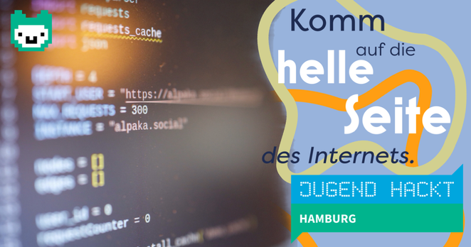 Textkachel Jugend hackt Hamburg: Links ist ein Foto mit  Code zu erkennen, in dem "https://alpaka.social" zu lesen ist, Rechts steht vor buntem Hintergrund geschrieben: "Komm auf die helle Seite des Internets." Vielleicht hätte da "bunte" stehen sollen...