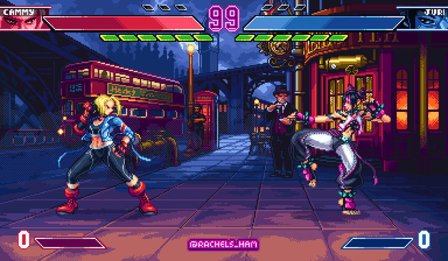 A Street Fighter 6 stage (King Street) drawn in a retro pixel style with Cammy and Juri in their SF6 outfits