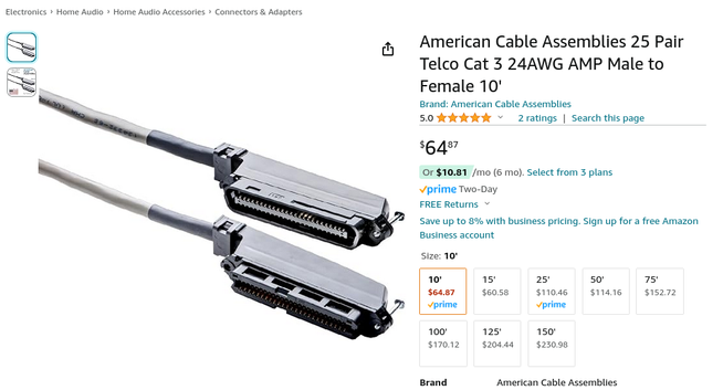 Screenshot of an Amazon product page for CAT3 25-pair Amphenol connectors for telephones. You know the kind that were installed in the '70s and we started yanking out in the 2000s.