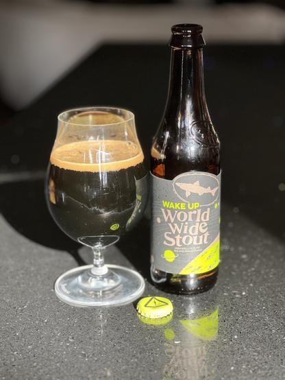 Bright sunlight illuminates a tulip glass of very dark beer. The brown bottle is to the right with a gray label with bright green lettering and bottle cap and a dogfish in silhouette