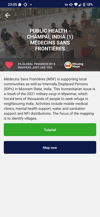 MapSwipe on the screen where it explains the mission to help MSF help tens of thousands of refugees after the coup in Myanmar.