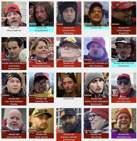 Photos of January 6th riot suspects who were observed inside the US Capitol Building (Range: 1,480 through 1,499, of 3,268) (as of February 22nd, 2024). Insider numbers are not the same thing as FBI numbers. Posts are subject to updates, corrections and revisions.
