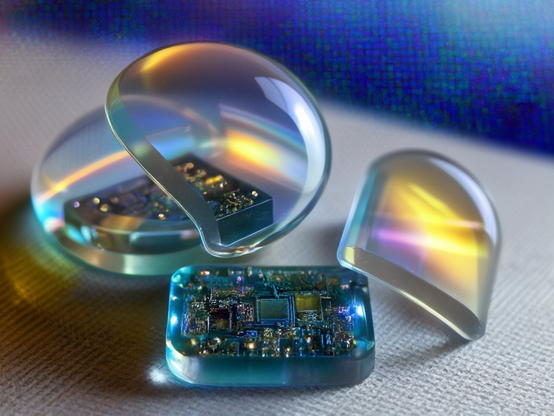 Two futuristic electronic modules with circuitry embedded in glass, each provided with a  separate treated silicate shield component. Macro photography style.