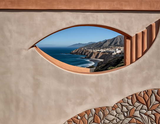 Coastal view through an eye-shaped window with clear sky and decorative stonework.