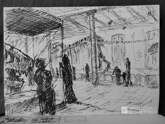 Black ink on paper. 

Scene in a museum room. Several dinosaur skeletons are on display, a large skull in a display case on the left and a large T-Rex skeleton and the head of another skeleton on a platform in the background. The silhouettes of various people can be seen in the room.