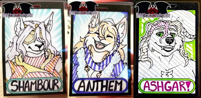 three doodle badges. Far left of Shambour (name at bottom) featuring a light colours feline with a mask that covers her eyes that is gold and a red and yellow outfit with a hood. The character is smiling and the background is blue lines. Middle badge is of Anthem (name at bottom) who is smiling happily at the viewer with eyes closed. The character is a feline, tan and white, wearing a blue and purple outfit with a boob window. Far right is of Ashgar (name at bottom) who is a grey bear/lizard hybrid, with darker grey hair that is wavey and has a dark pink streak in the front bang. The characters green eyes look at you and is smiling nicely with fangs showing. Behind is the characters tail head that has a toothy grin. Background is green lines.