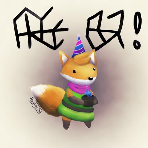 Digital art of the fox from the videogame TUNIC, wearing a party hat and holding a pot with blue mushrooms that are also wearing party hats. Behind them is the games glyph text that reads "Happy B-Day!" when translated.
Underneath the fox's tail is a signature that reads "ReyTracing"