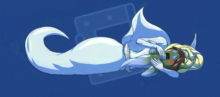 Cleo the Sea-angle cuddling a changed Rebecca as a chibi Sea-Angel.