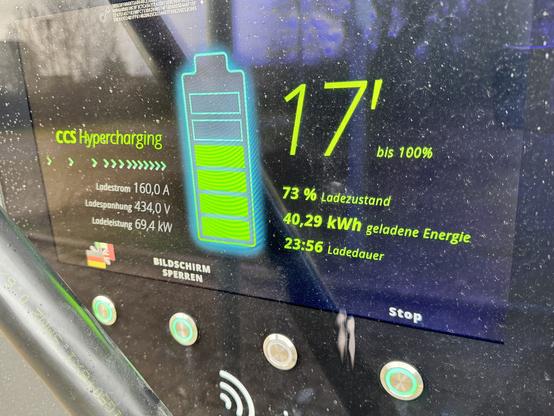 Electric vehicle charging station screen with battery status and charging information displayed in German, indicating “CCS Hypercharging,” current charging status, and remaining charge time. Raindrops are visible on the surface.