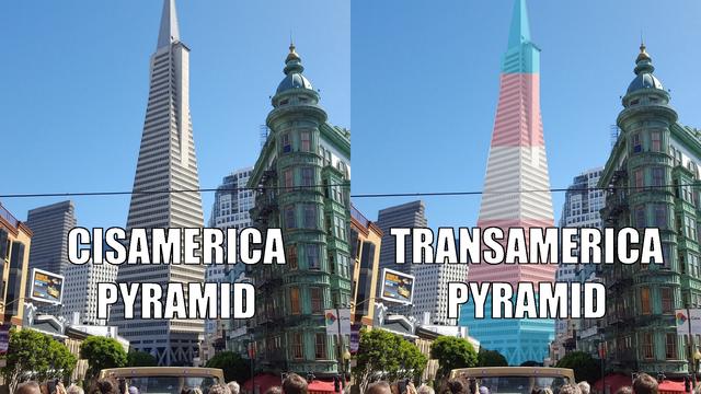 Two frames side-by-side. The left side depicts the Transamerica Pyramid, an iconic San Francisco landmark, with the label "Cisamerica Pyramid".

The right side has blue, pink, and white stripes overlaid on the pyramid to make it look like the Trans Pride flag, and is labeled "Transamerica Pyramid".
