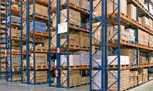 Racks of shelves in a pallet warehouse