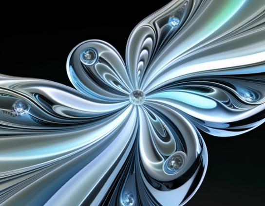 A  complex, knot-like structure of clear glass, with blue toned reflections and highlights, against a dark background.