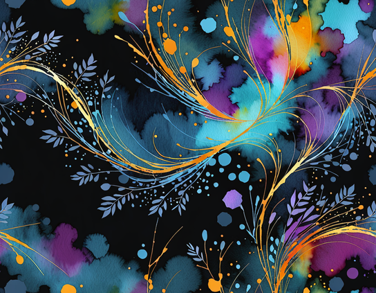Dynamic abstract patterns with vibrant colors and botanical motifs over a black ink-splattered background.